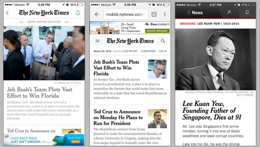 從左到右分別為 舊版紐約時報 app，紐約時報 M-web，新版紐約時報 app