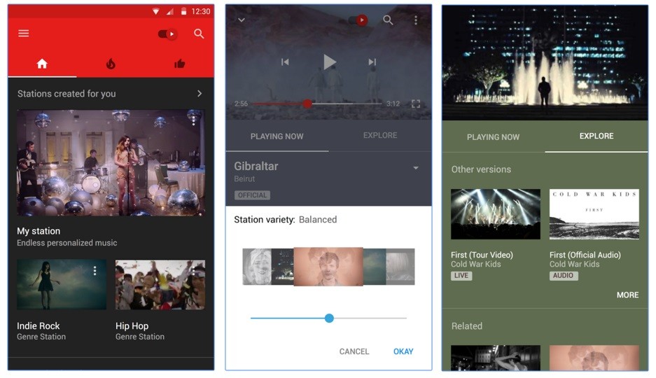 YouTube Music App 分成首頁、熱門與最愛三個頁面。續播功能還可以調整音樂的多樣性。圖片來源: Youtube官網截圖