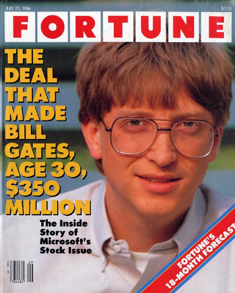 1986 年，Fortune 雜誌以專文分析此事的封面照。 （標題：這筆讓 30 歲的 Bill Gates 賺進 3 億 5 千萬美金的交易）圖片來源：Fortune