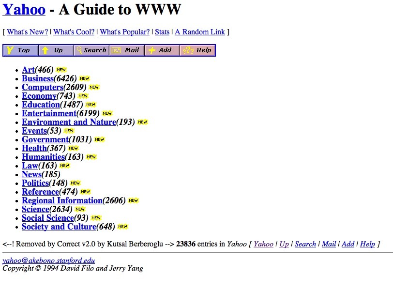 1994 年，幾乎是最早期的 Yahoo! 首頁。 photo via Yahoo! from Flickr, CC licensed.