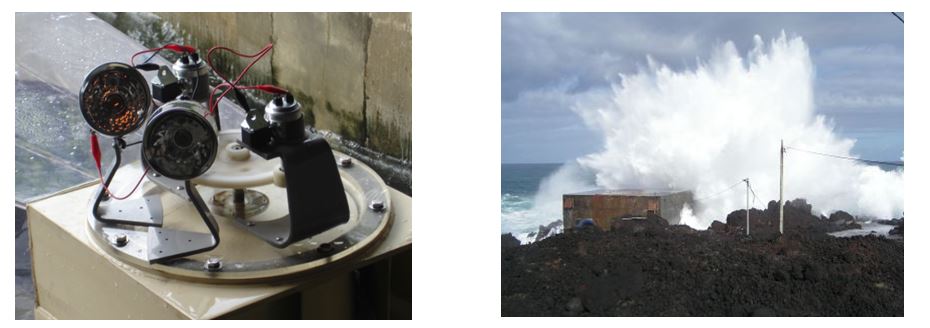 左圖：水工模型發電情形 。右圖：葡屬 Pico 島上的 OWC 海浪發電廠。