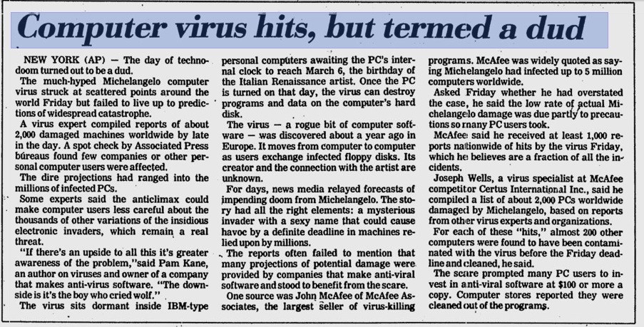 「電腦病毒襲擊，卻只是空包彈。」Photo via The Victoria Advocate, Mar 7, 1992.