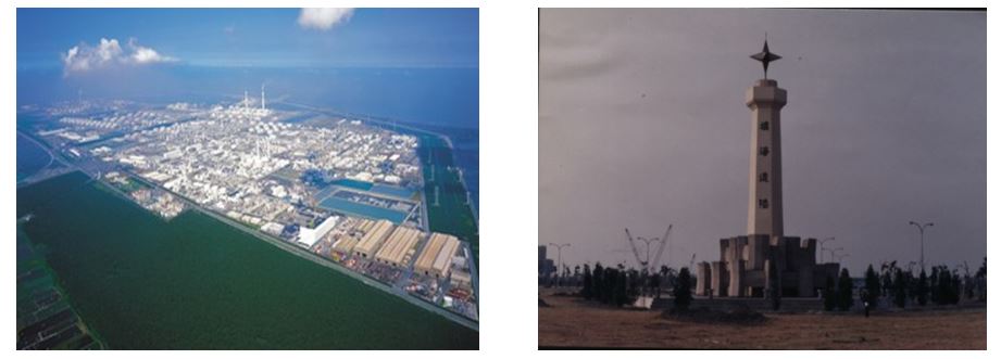 左圖：台塑在麥寮填海造地，總共填出了 2096 頃的新生地。右圖：高雄市南星計畫，利用爐石和煤灰在大林埔填海造地情形。