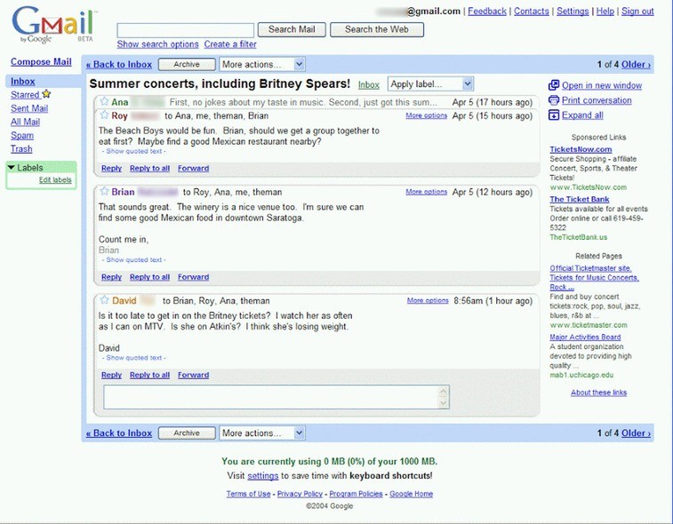 最早期的 Gmail 介面非常陽春，下方清楚顯示著 1G 的容量，右邊則有 Google 廣告欄位。圖片來源：geekshizzle.com
