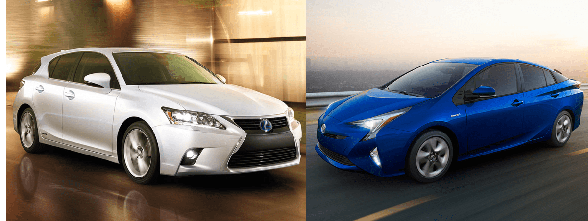 Lexus 的 CT 和 Toyota 的 Prius 油電混合車，造型設計偏向實際或圓潤。圖片來源：Lexus（左） Toyota （右）