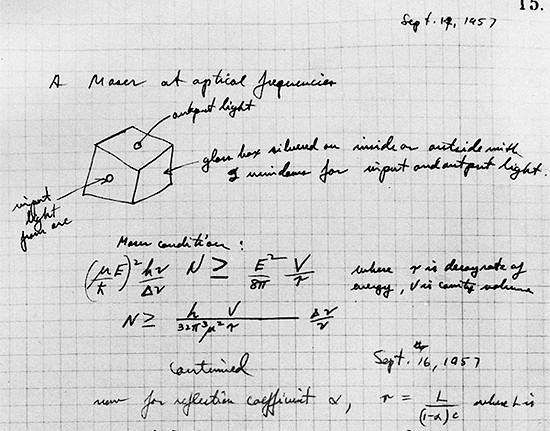 1957 年科學家湯斯在筆記本上描述「光學版的 MASER 儀器」。圖片來源：Courtesy South Carolina State Museum