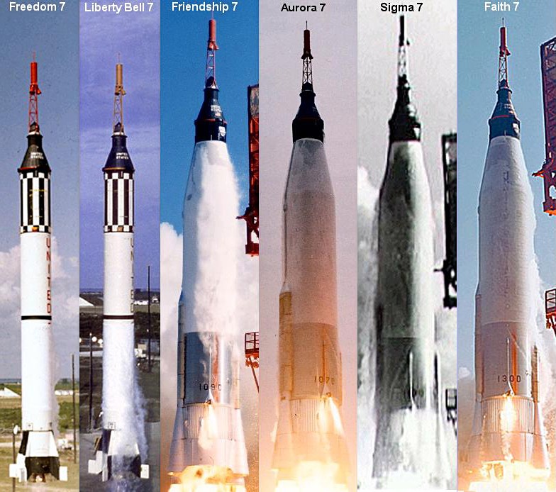 水星計畫六次成功完成載人飛行任務的太空船。從「自由 7 號（Freedom 7）」開始，每艘飛船都以 7 字尾命名，以象徵水星 7 人組的團隊精神。 圖片來源：Wikipedia