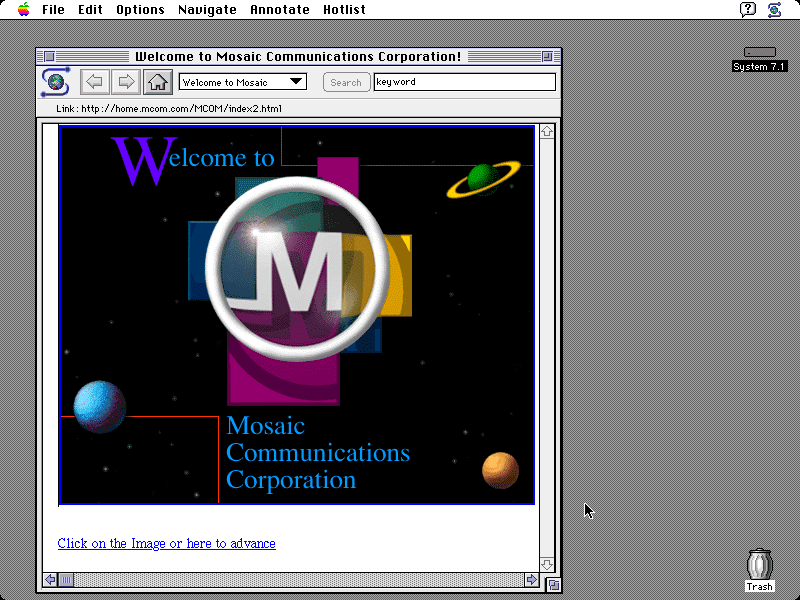 正在展示 Mosaic 通訊公司（後更名為 Netscape ）網頁的 Mosaic 1.0 瀏覽器。 圖片來源：Wikipedia
