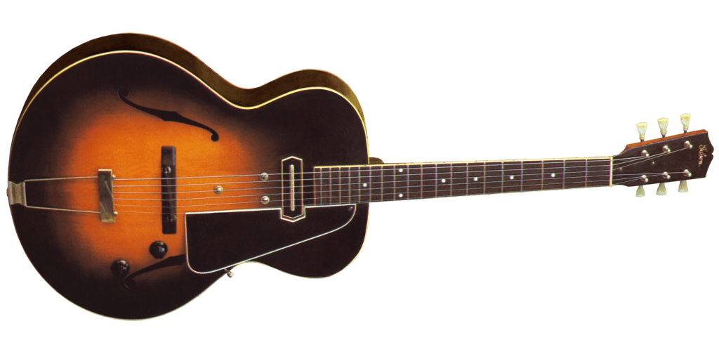 由 Gibson 推出、普遍被認定為是史上第一把（現代）電吉他的 ES－150。 圖片來源：Wikipedia