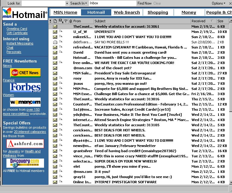 早期的 Hotmail 介面（MSN Hotmail 時期）。 圖片來源：Wikipedia