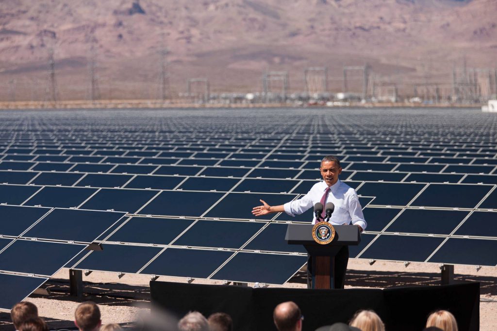 President Barack Obama delivers remarks on energy after a tour of a Solar Panel Field at the Copper Mountain Solar 1 Facility, the largest photovoltaic plant operating in the country with nearly one million solar panels powering 17,000 homes, in Boulder City, Nevada, March 21, 2012. (Official White House Photo by Lawrence Jackson). Photo from : White House