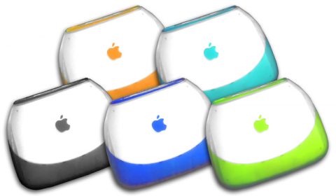 具有鮮豔色彩、蚌殼外型的第一代 iBook 。 圖片來源：Wikipedia